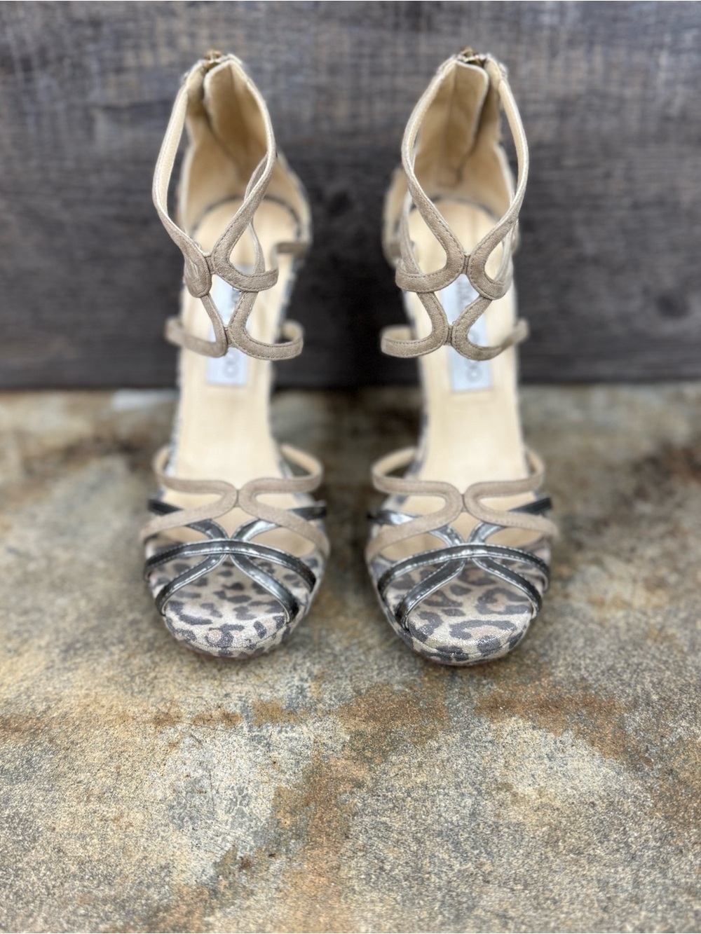Jimmy Choo Beige Suede & Leopard Print Strappy Heels